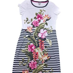Tommy Bahama Dress Womens Small Multicolor Tropical Floral Stripe T-Shirt Summer